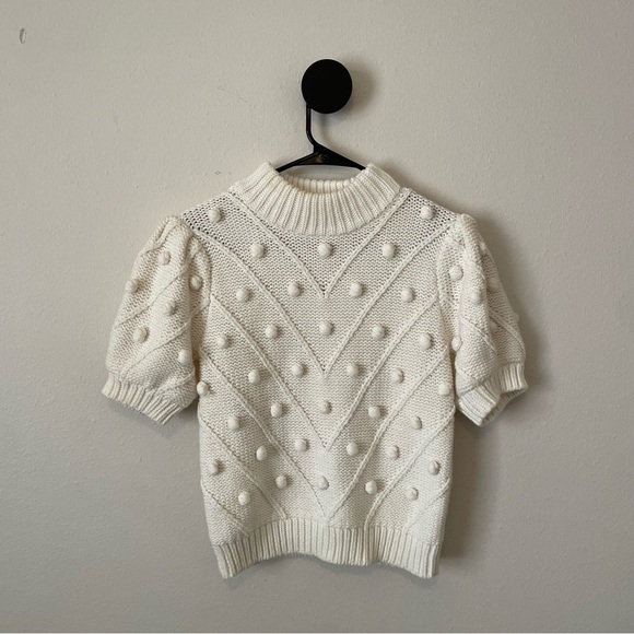 Tuckernuck English Factory White Pom Pom Puff Sleeve Sweater Women’s Small - Picture 1 of 6